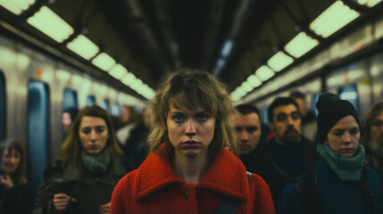 Rush Hour Saga: Woman Embarking on a Crowded Train, generative ai
