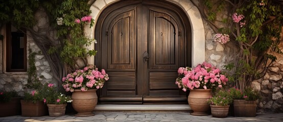 beautiful front door with potted flowers