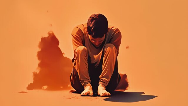 A person burying their head in their hands depression as a feeling of sadness and helplessness. Psychology art concept.