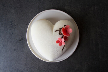 modern dessert. mousse cake hearts light background