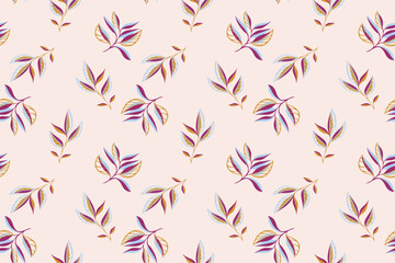 Seamless minimalist, retro tiny leaves pattern on a beige background. Vector hand drawn abstract creative leaf stems. Botanical tropical motifs scattered randomly. Template for textile, fashion, print