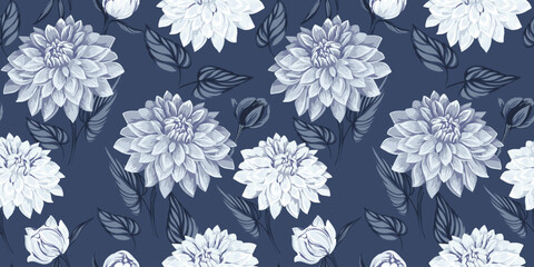 Artistic dahlia flowers with leaves seamless pattern. Vector hand drawn. Beautiful grey floral print. Template for design, textile, fashion, surface design, fabric, interior decor, wallpaper