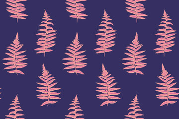 Seamless vibrant pink leaves branches fern pattern on a dark blue background. Vector hand drawn sketch. Simple stylized botanical leaf printing. Template for design, fabric, interior decor, textile