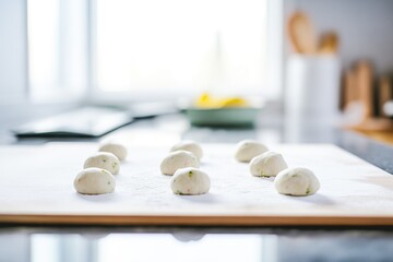 unbaked naan dough balls lined up on a floured surface
