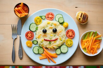 child-sized naan with a smiley face made of veggies on top