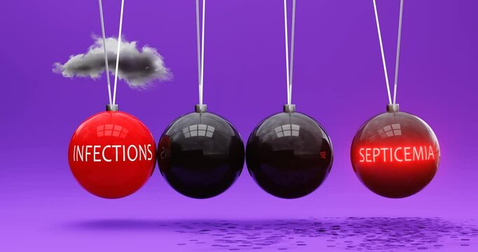 Infections leads to septicemia. A Newton cradle metaphor in which infections sets septicemia in motion. Vicious cycle. Cause and effect relation between infections and septicemia. Can be looped