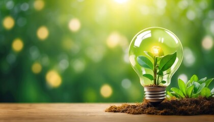 Light bulb with sunshine and green warm background