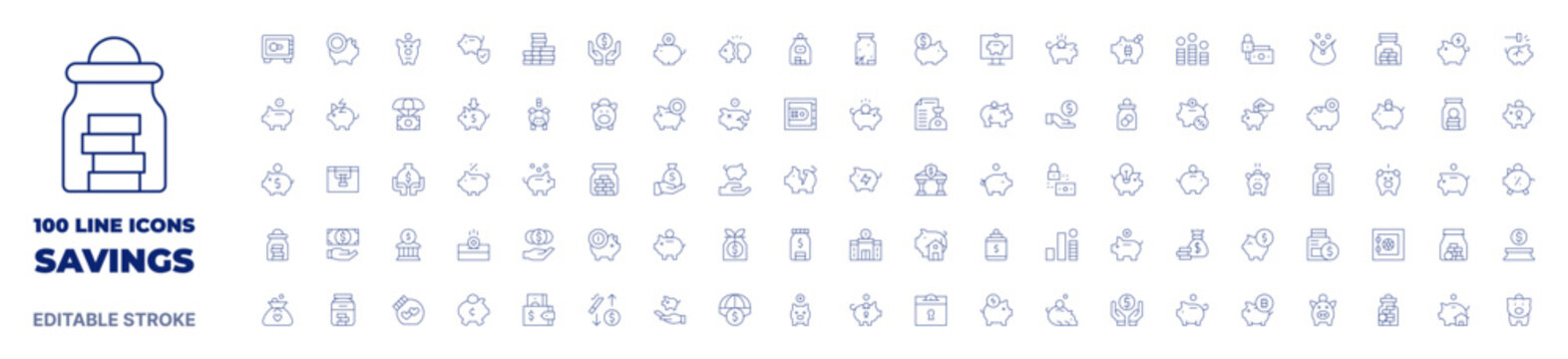 100 icons Savings collection. Thin line icon. Editable stroke. Savings icons for web and mobile app.