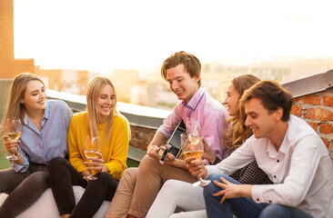 Cheerful friends drinking white wine during roof party
