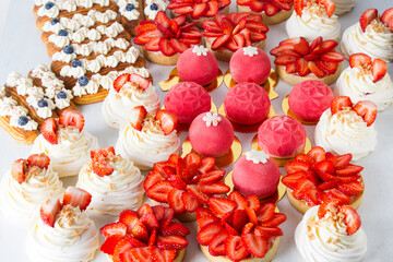 mousse dessert, pavlova, tartlets and eclairs with berries on a white background