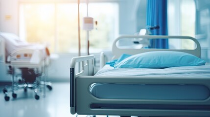 Hospital bed in emergency room blurred background. Generative AI