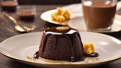 Chocolate Lava Cake it that has chocolate ganache liquid chocolate pouring out when sliced open on a solid 24k carat gold plate with large glass of cholate milk and perfectly placed utensils - obrazy, fototapety, plakaty