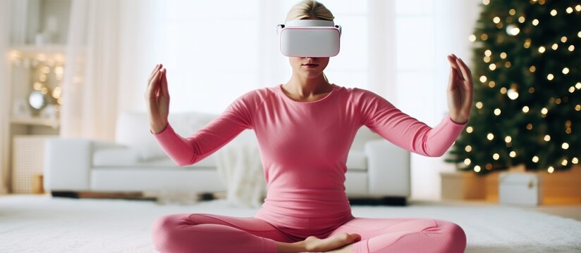 young female using AR while meditating sitting in lotus position on floor in flat