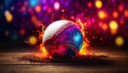 Fototapeta na wymiar Leather baseball ball in a colorful explosion of fire energy and movement