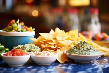 pile of chips with a variety of dips in background