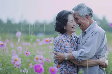 beautiful romance of lovers on valentines day in nature outdoors embracing with affection pragma . asian chinese or japanese people