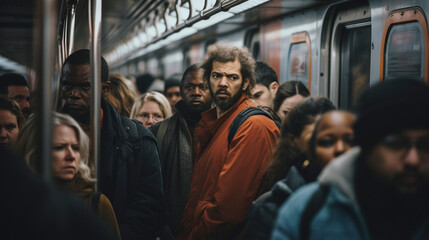 Rush Hour Revelry: Men Embarking on a Crowded Metro, generative ai