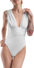 Mockup of a white monokini beach on a girl, front view, png, for design