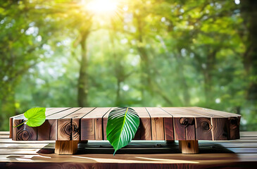 Wooden Bench Podium Platform for Organic eco Product Presentation in an Enchanting Jungle Setting with Sunny Leaves natural forest blur backgound