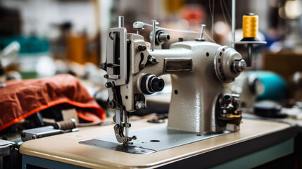 Close-up of a modern sewing machine mounted on a wooden table. A large sewing factory, Industry, clothing business. - obrazy, fototapety, plakaty
