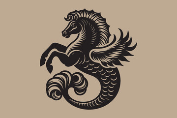 Mythical creature. hippocampus,
Half horse, half fish. Sea Horse. Ancient Greek mythology. Vintage retro engraving illustration. Black icon, logo, label. isolated element.