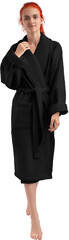 Mockup of black terry bathrobe on girl, png, front view, full size, for design