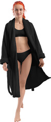 Mockup of black terry bathrobe on girl in lingerie, png, front view, full size, for design