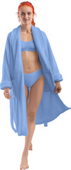 Mockup of blue terry bathrobe on girl in lingerie, png, front view, full size, for design