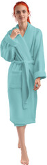 Mockup of green terry bathrobe on girl, png, front view, full size, for design