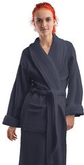 Obraz na płótnie Canvas Mockup of dark blue terry bathrobe on girl, png, front view, for design