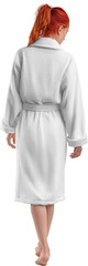 Mockup white terry bathrobe on girl, png, back view, full size, for design