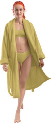 Mockup yellow terry bathrobe on girl in lingerie, png, front view, full size, for design