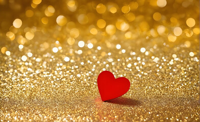 Obraz premium A small red heart on a sparkling gold background. Generative AI