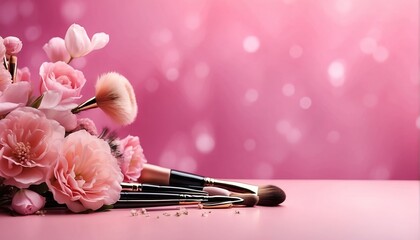 Make-up brushes and decorative cosmetic products on blurred background