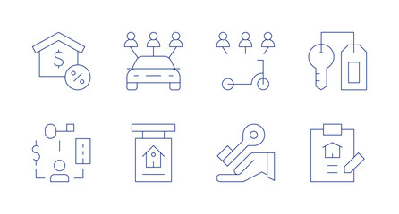 Rent icons. Editable stroke. Containing mortgage, scooter, carrental, ownership, key, rent, housekey, contract.