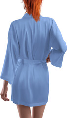 Mockup blue silk robe on girl, short dressing gown png, for design, back view