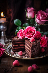 Obraz na płótnie Canvas Cake and flowers for Valentine's Day.