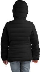 Mockup of winter black puffer jacket on a girl, outerwear png, for design, back view