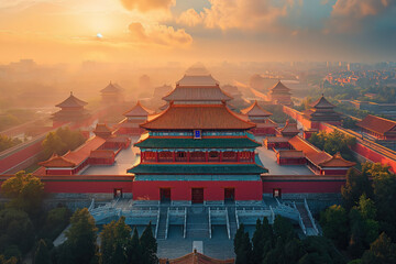 The Forbidden City imperial palace in Beijing China, high angle aerial view