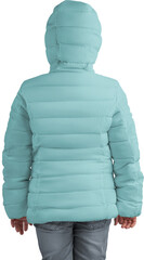 Mockup of winter green puffer jacket on a girl, outerwear png, for design, back view