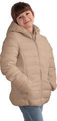 Mockup of winter tan, nude, beige puffer jacket on girl, outerwear png, for design, front view