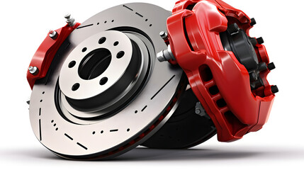 Automobile brake disk with red caliper isolated on white background - obrazy, fototapety, plakaty