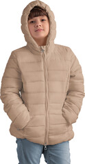 Mockup of winter tan, nude, beige puffer jacket on girl, outerwear png, for design, front view