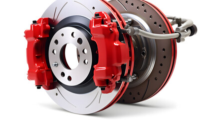 Automobile brake disk with red caliper isolated on white background