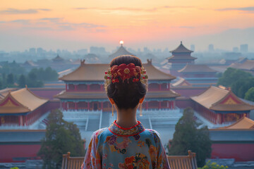 Woman looking at the Forbidden City Imperial Palace in Beijing China, high angle aerial view