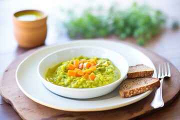 split pea soup served with side of rye bread on plate