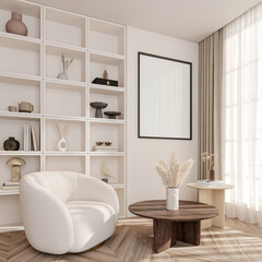 Mock up poster frame in living room interior with armchair, 3D render, 3D illustration