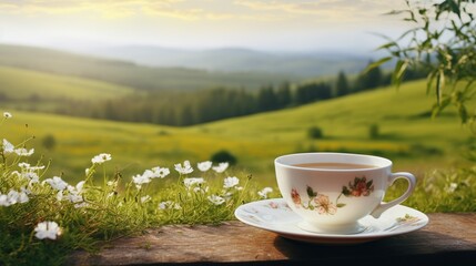 A steaming cup of tea on a dainty saucer, set against a blurred field of wildflowers and rolling hills - obrazy, fototapety, plakaty