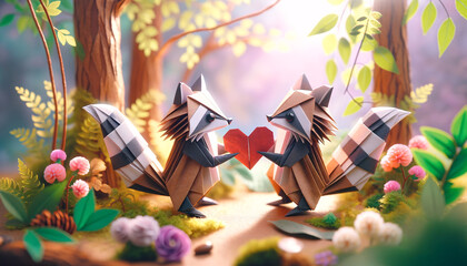 Playful origami tanuki sharing a heart-shaped leaf in a whimsical forest, a magical representation of love in Japanese folklore. Artful and enchanting creation. AI Generated.