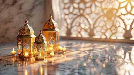 Obraz premium A mystical night scene at a mosque with hanging lanterns, a starry sky, and reflections on water, symbolizing tranquility.